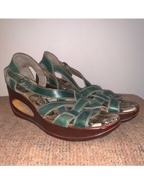 Fly London Teal Leather Wedge Sandals